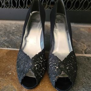 Stuart Weitzman Black Satin Chantelle Lace Peep Toe Heels
Sparkly Accent 9.5